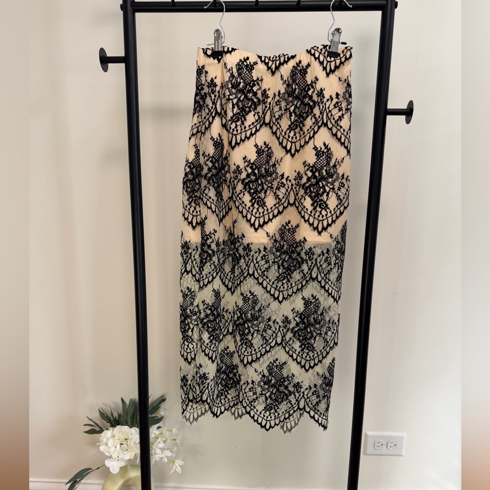 SHEIN Black Lace Overlay Cream Midi Skirt NWOT